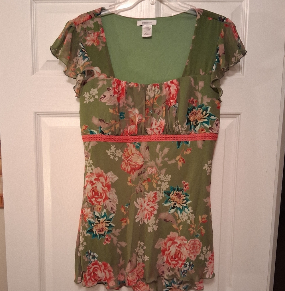 Floral Green And Pink Empire Blouse. Size Large - Picture 6 of 6